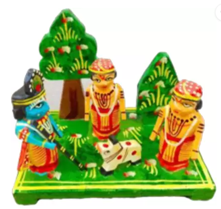 Wooden Krishna with Friends and Cows (Height -11cm) (Width-13cm)