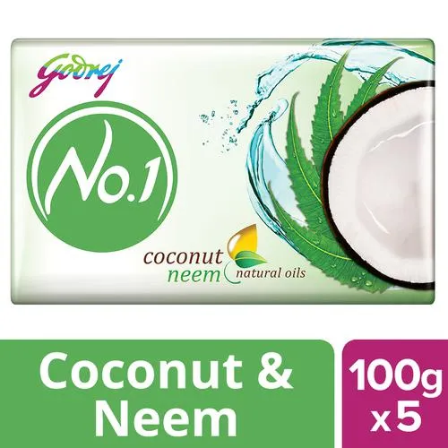 Godrej No.1 Coconut & Neem Bathing Soap, Gives Silky Smooth Skin, 100 g (Pack of 5)