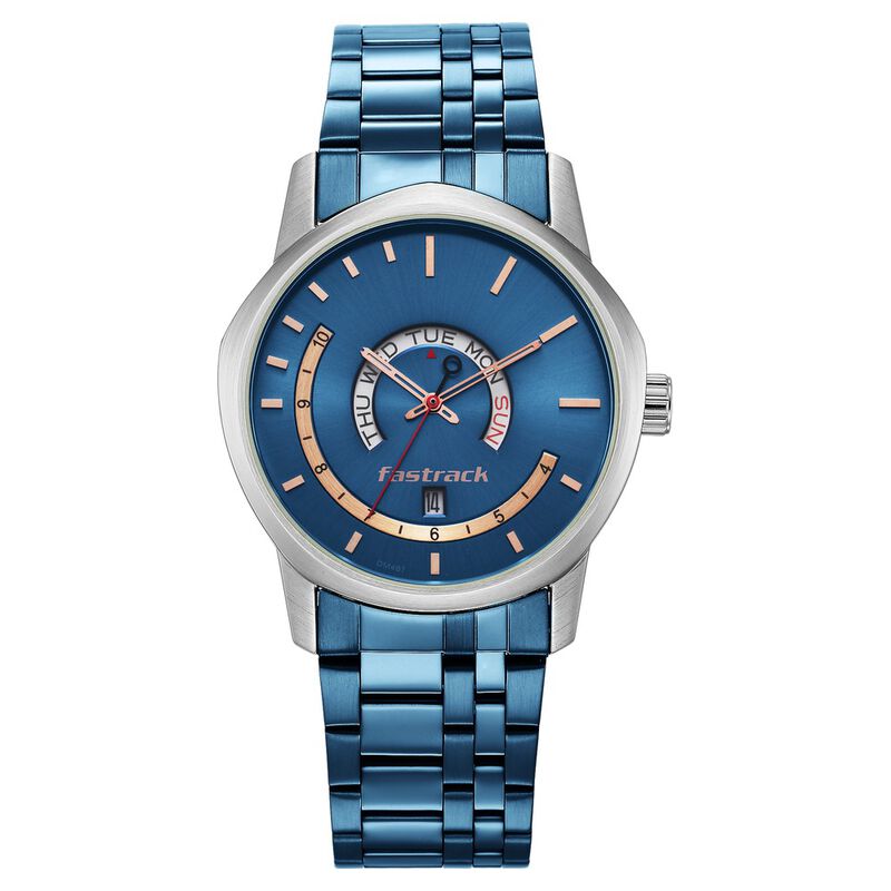 Fastrack Exuberant Quartz Analog with Day and Date Blue Dial Metal Strap Watch for Guys