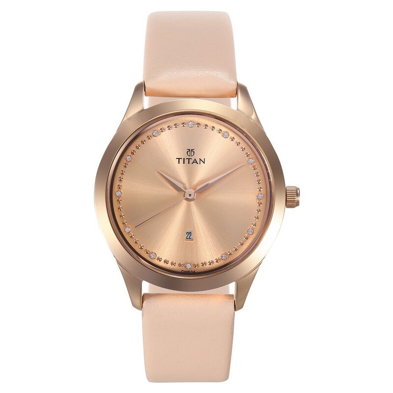Titan Sparkle Pink Dial Analog with Date Leather Strap watch for Women