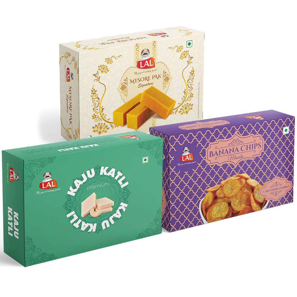 Lal Sweets Mysore pak signature 400g, Banana chips masala 250g and Kaju katli 400g