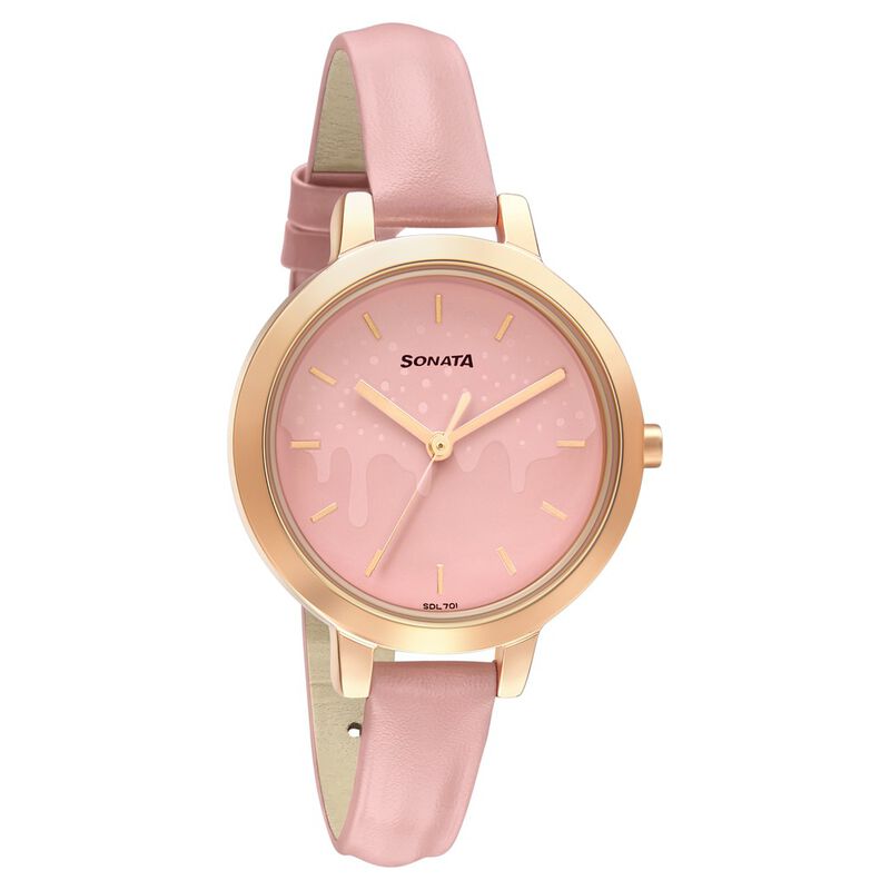 Sonata Play Pink Dial Women Watch With Leather Strap 8141WL05