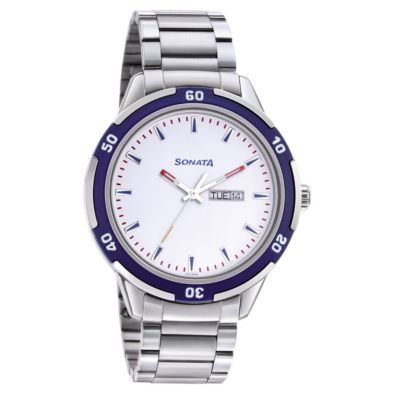 Sonata Quartz Analog with Day and Date White Dial Metal Strap Watch for Men NR7138KM02
