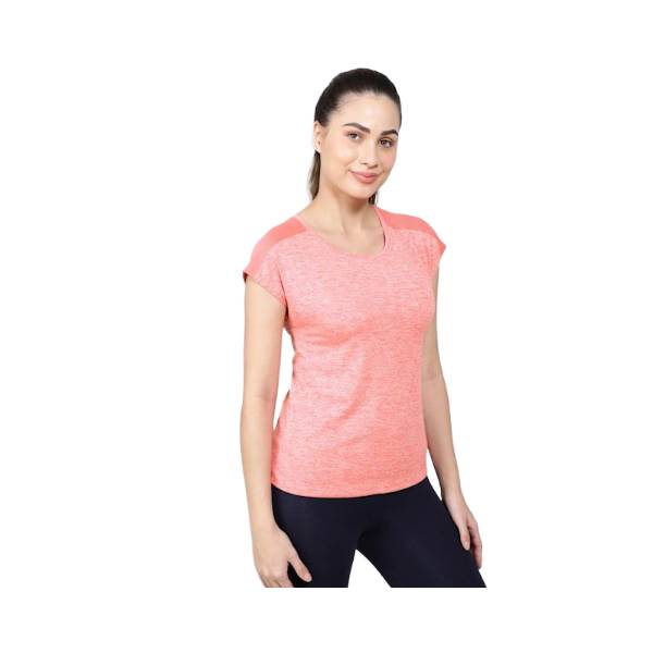 Women's Microfiber Fabric Breathable Mesh Relaxed Fit Graphic Printed Round Neck Half Sleeve T-Shirt With Stay Fresh Treatment - Coral