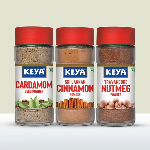 Keya Exotic Spices Combo | Cardamom Seed Powder 50gm | Cinnamon Powder 50g |Nutmeg Powder