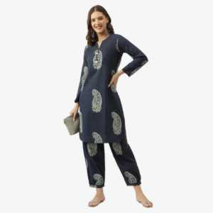 Divena Navy Cotton Paisley Print Kurta Hem Cuffed Pant set