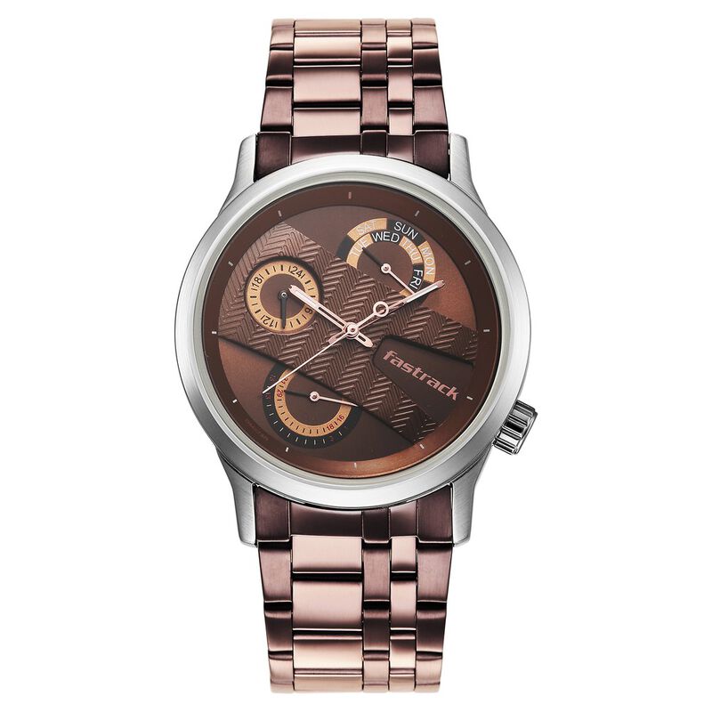 Fastrack Exuberant Quartz Multifunction Brown Dial Metal Strap Watch for Guys