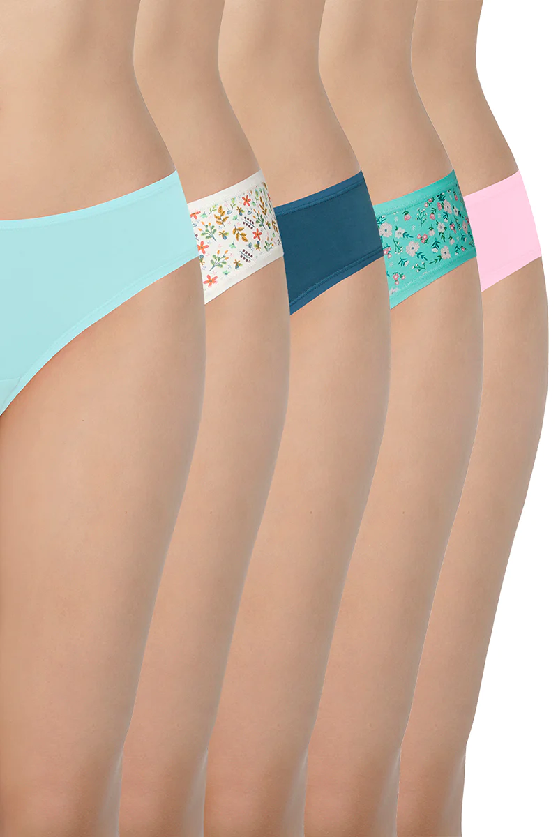 Amante  Assorted Low Rise Bikini Panties (Pack of 5 Colors & Prints May Vary)