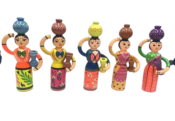 Wooden Women with Double Pot Doll (Height-21cm, Pack of 5 Nos.)  - Shree Channapatna Toys