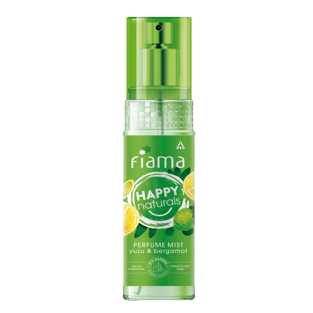 Fiama Happy Naturals Perfume Mists, Yuzu and Bergamot with citrus and aromatic notes, 87% Natural origin content, skin friendly PH, long lasting fragrance, 120ml bottle