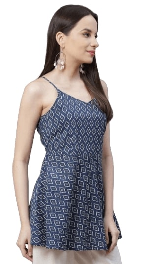 Divena Blue Geometric Printed Shoulder Strip Cotton