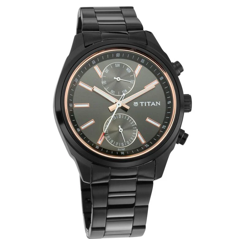 Titan Men's Metropolitan Luxe: Multifunction Mono black Dial with Two-Tone Stainless Steel Bracelet Watch