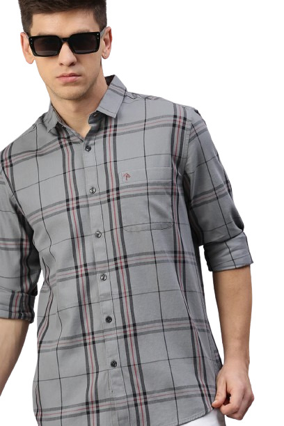 CP BRO Men's Cotton Full Sleeve Checked Slim Fit Polo Neck Grey Color Woven Shirt | Sbo1-46 A