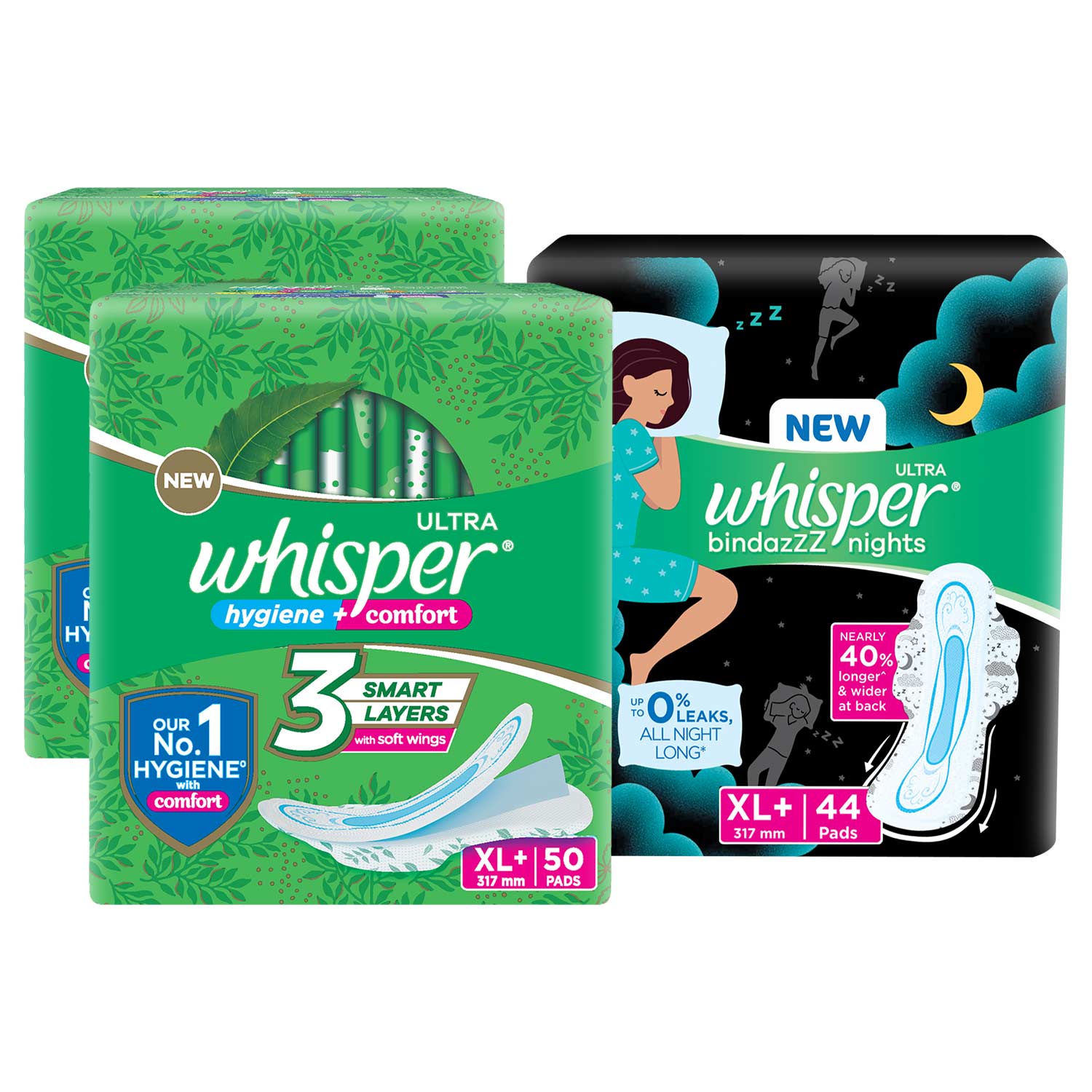 Whisper Day & Night Sanitary Pads|Pack of 144 thin Pads|100 Day + 44 Night pads|Complete period protection|50 Ultra Clean XL+ Pads with 44 Bindazzz Night XL+ Pads|Dry topsheet|With disposable wrap