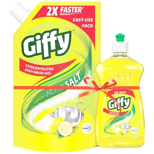 Giffy Concentrated Dishwash Gel - Lemon & Active Salt, 2X Faster, 1 L (Get 500 ml Free)