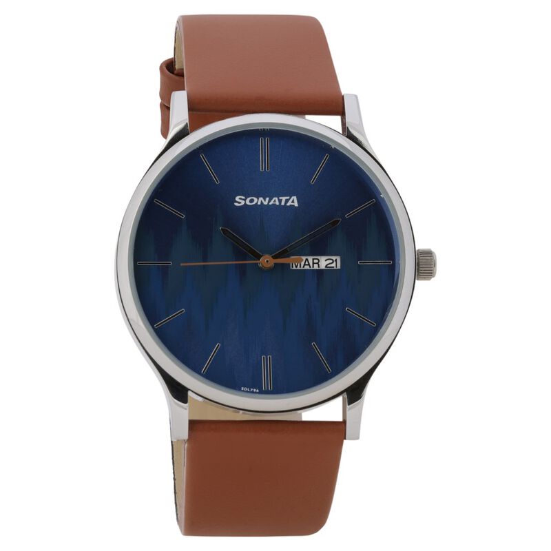 Sonata Knot Blue Dial Leather Strap Watch for Men NR77105SL05