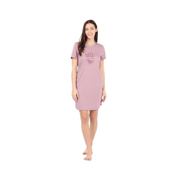 Women's Super Combed Cotton Curved Hem Styled Half Sleeve Printed Sleep Dress with Side Pockets - Old Rose