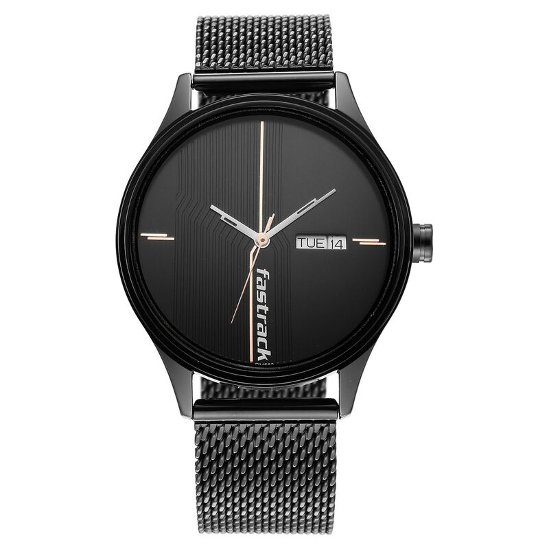 Fastrack Style Up Quartz Analog with Day and Date Black Dial Stainless Steel Strap Watch for Guys