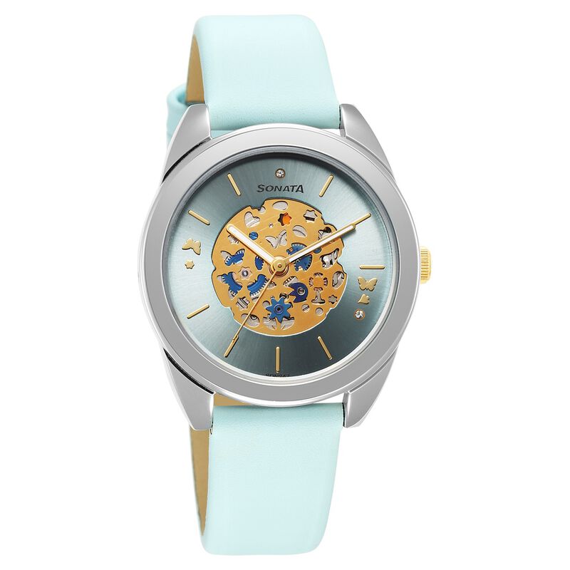 Sonata Unveil Quartz Multifunction Blue Dial Leather Strap Watch for Women 8182BL01
