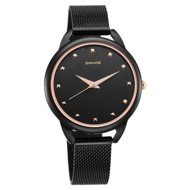 Sonata Wedding Quartz Analog Black Dial Stainless Steel Strap Watch for Women 87051KM01