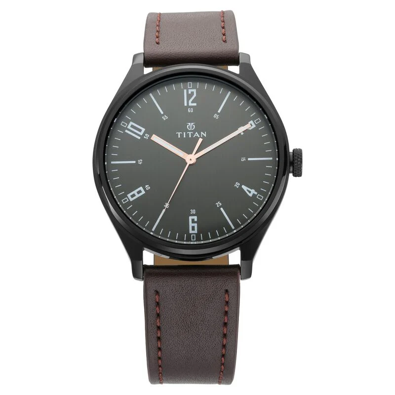 Titan Men's Minimalist Zen Watch Black: Sleek Leather Strap with Contrast Hands