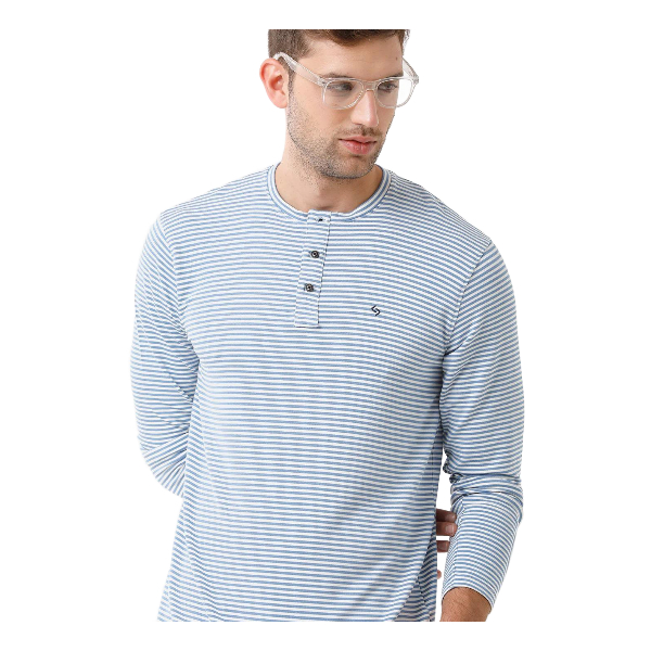 Classic Polo Mens Cotton Striped Full Sleeve Slim Fit Round Neck Blue Color T-Shirt | Verno 305