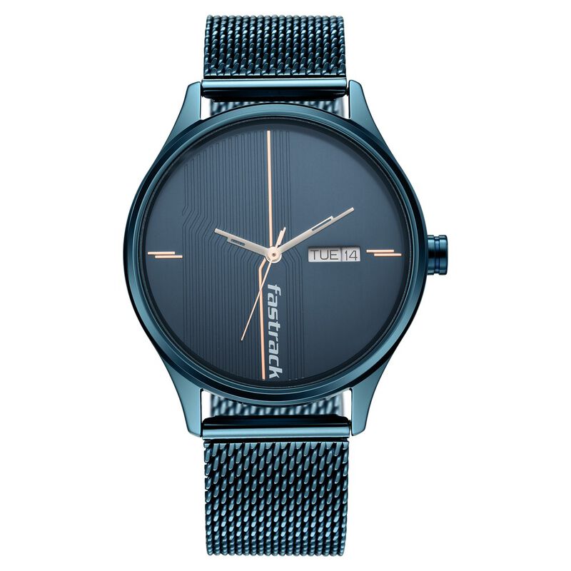 Fastrack Style Up Quartz Analog with Day and Date Blue Dial Stainless Steel Strap Watch for Guys