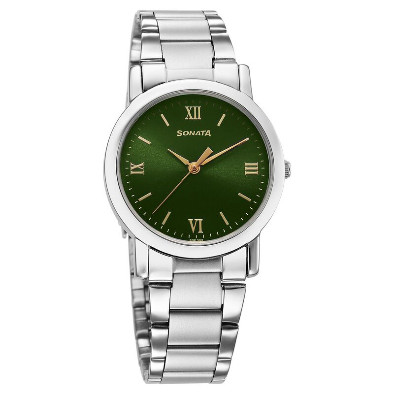 7987SM10W Sonata Classic Quartz Analog Green Dial Silver Stainless Steel Strap Watch for Men