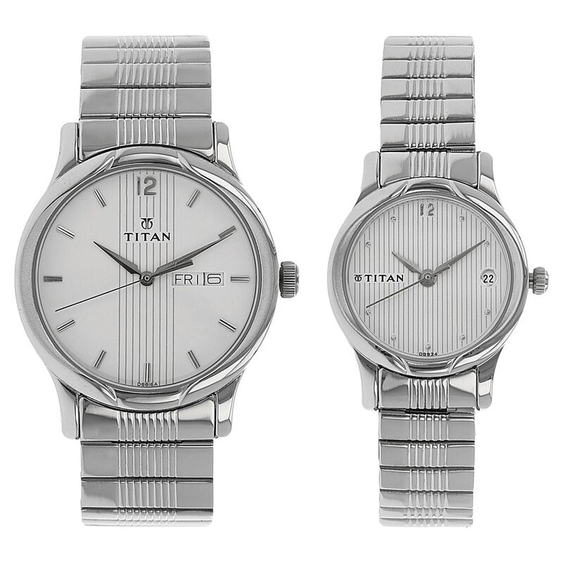 Titan Quartz Analog with Day and Date Silver Dial Stainless Steel Strap Watch for Couple