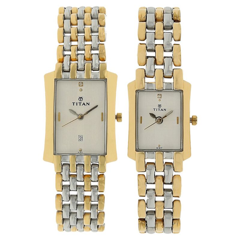 Titan Quartz Analog with Date White Dial Stainless Steel Strap Watch for Couple