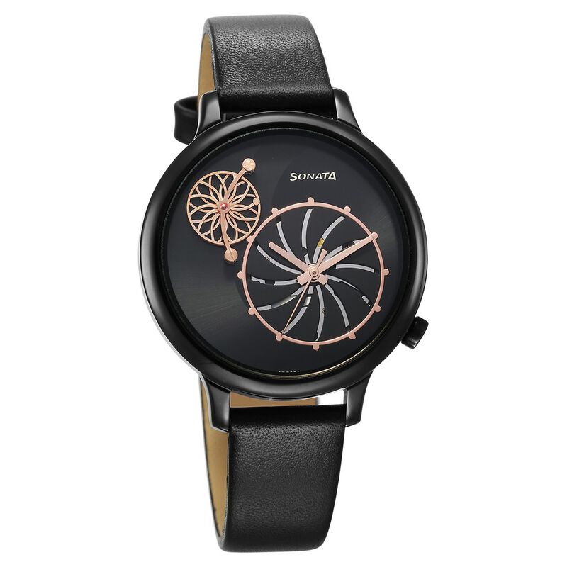 Sonata Unveil Quartz Analog Black Dial Leather Strap Watch for Women 8190NL01