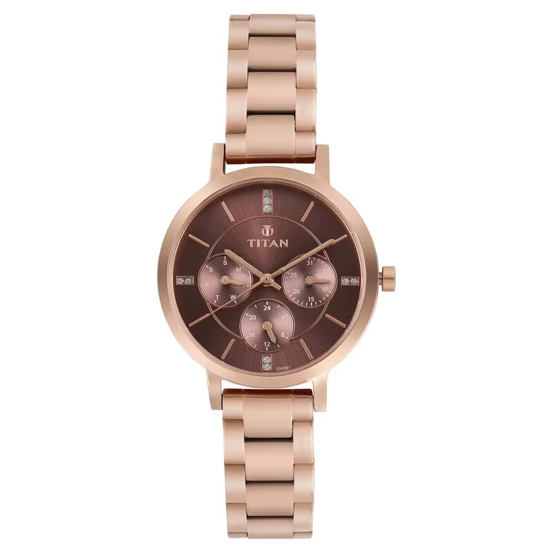 Titan Quartz Multifunction Rose Gold Dial Stainless Steel Strap Watch for Women