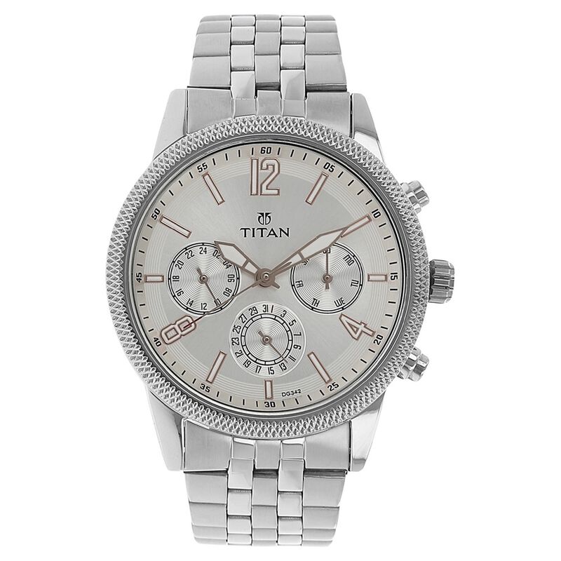 Titan Men's Metropolitan Luxe: Multifunction Mono Silver Dial with Two-Tone Stainless Steel Bracelet Watch