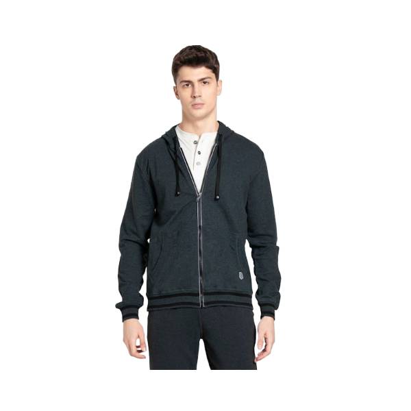 Men's Super Combed Cotton French Terry Hoodie Jacket with Ribbed Cuffs and Convenient Side Pockets - True Black Melange