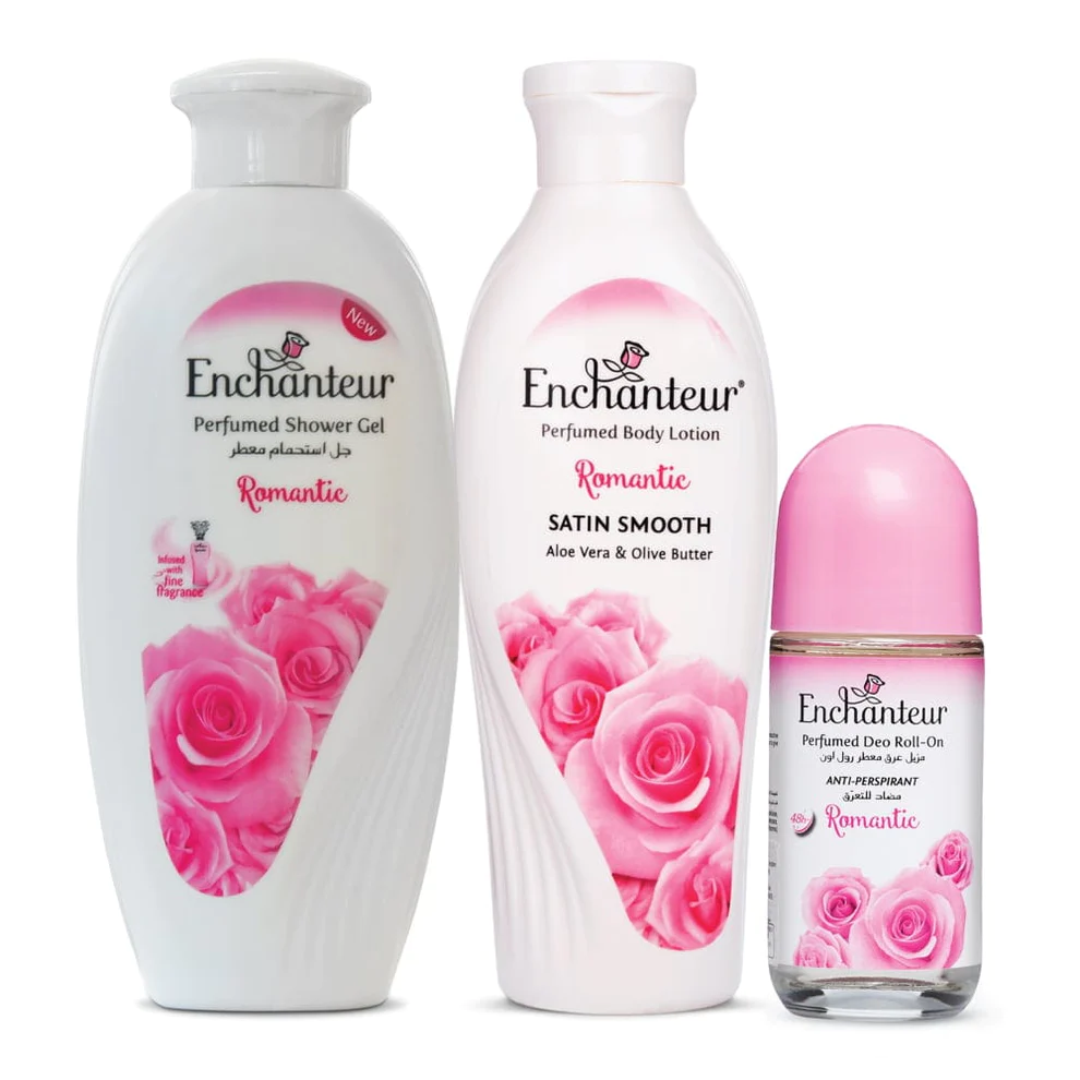 Enchanteur Romantic Shower gel 250gms & Romantic Hand and Body Lotion 500ml & Romantic Roll-On Deodorant 50ml