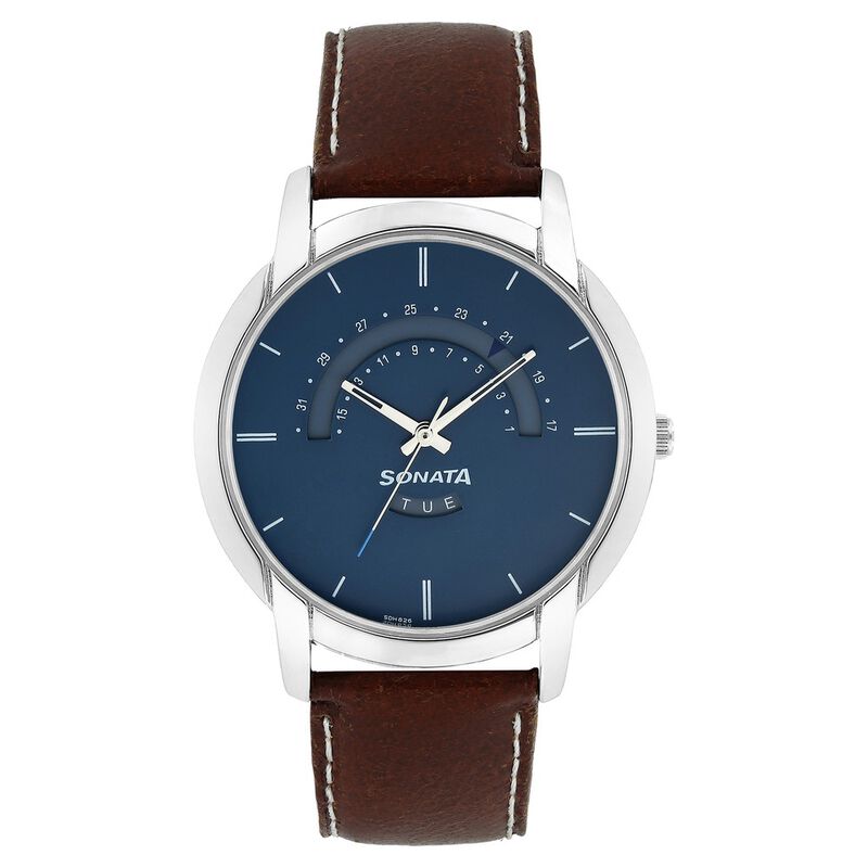 NP77031SL01 Sonata Quartz Analog with Day and Date Blue Dial Leather Strap Watch for Men