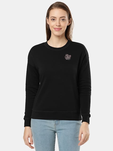 Women's Super Combed Cotton Rich Fleece Fabric Printed Sweatshirt with Drop  Shoulder Styling - Black