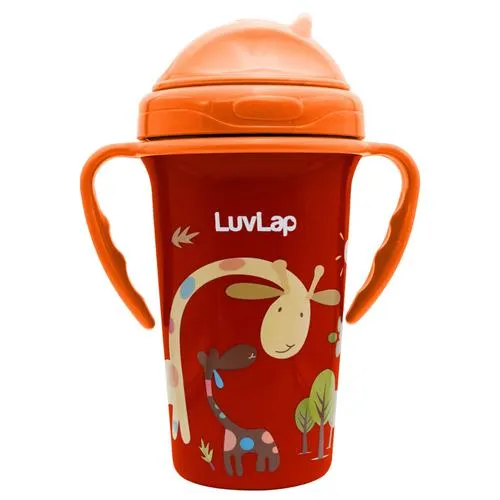 LuvLap Tiny Giffy Sippy Plastic Cup - With Silicone Straw, Flip Lid, 18M+, Orange, 300 ml