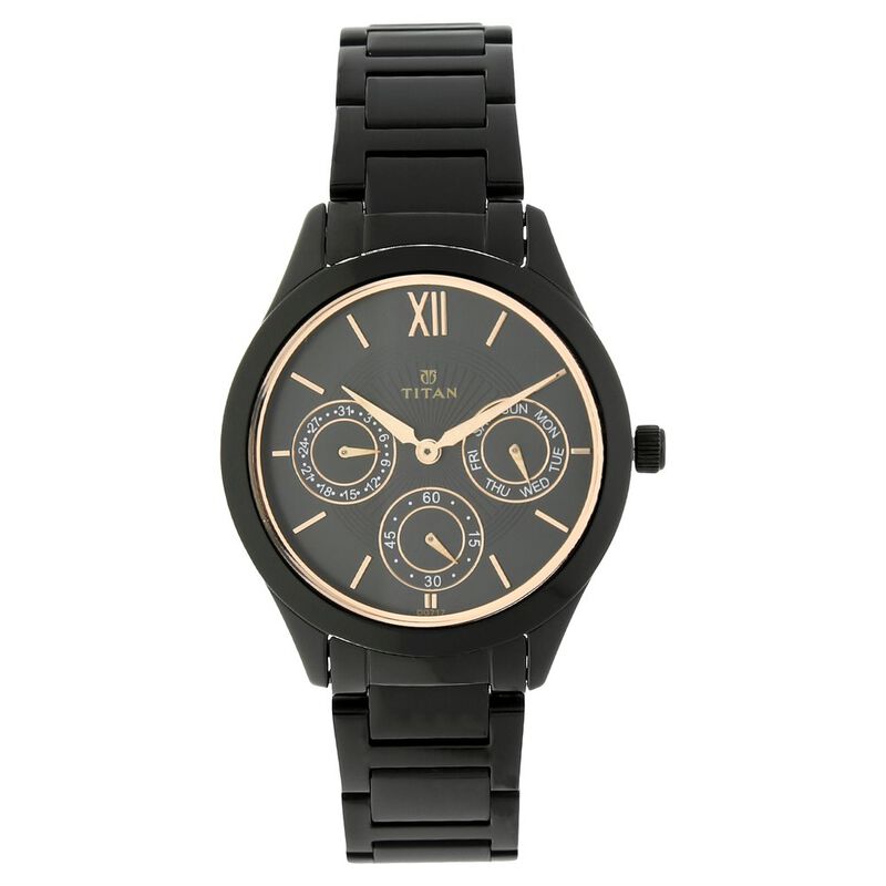 Titan Quartz Analog with Day and Date Black Dial Stainless Steel Strap Watch for Women