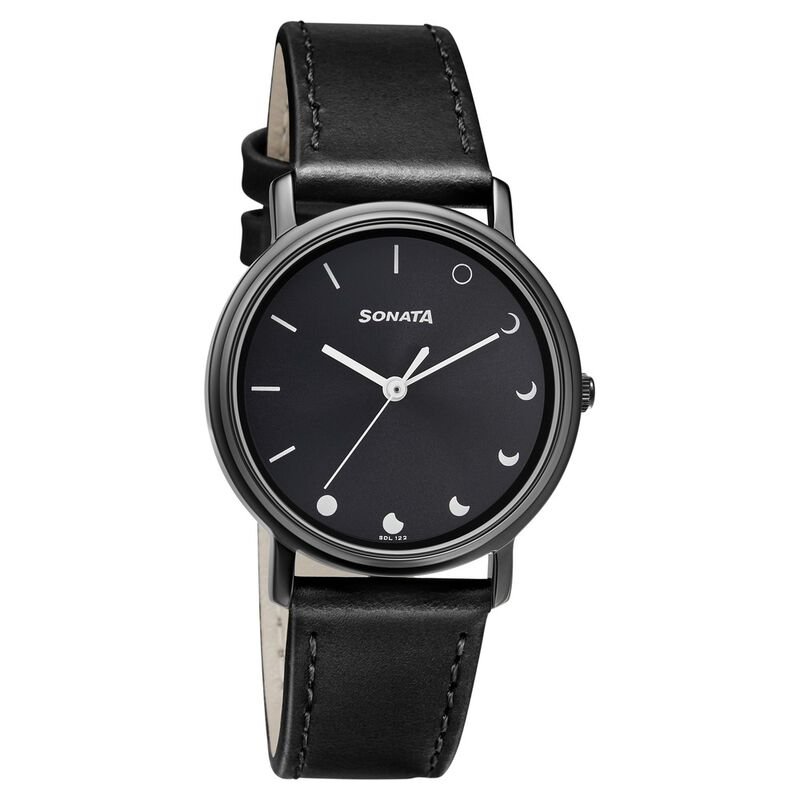 Sonata Play Black Dial Women Watch With Leather Strap NR87029NL07