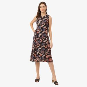 Divena Navy Blue Floral Print Rayon A-Line Midi Dress with Attached Sleeves for Women