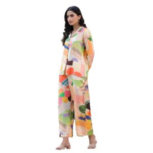 Divena Peach Multi Floral Printed Muslin Co-ord Set