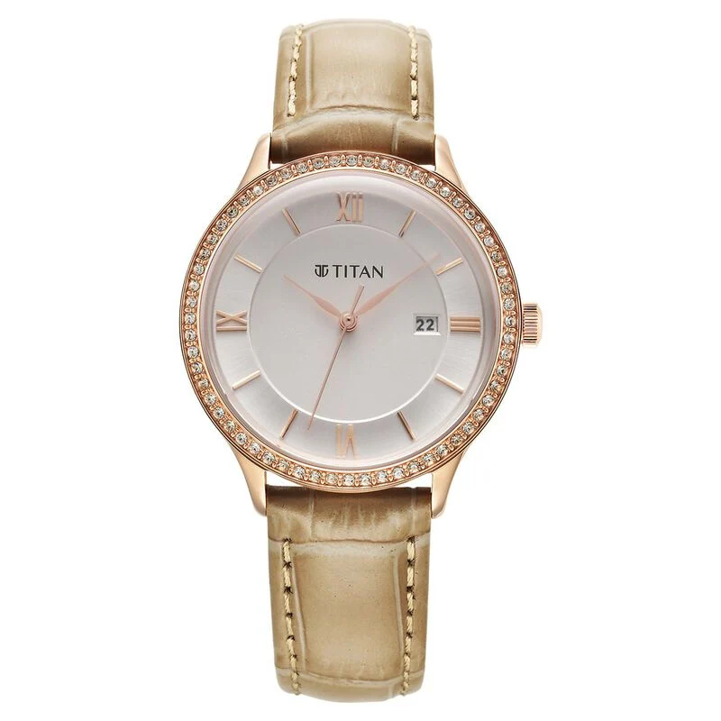 Titan Bright Leathers Silver Dial Analog with Date Leather Strap Watch for Women