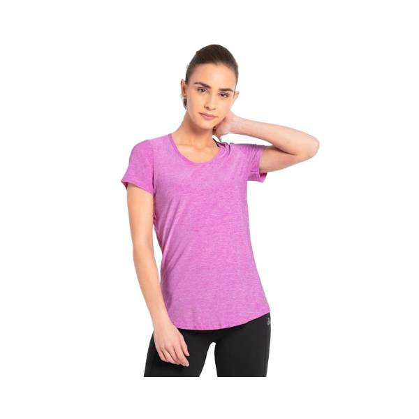 Women's Tactel Microfiber Elastane Stretch Relaxed Fit Solid Curved Hem Styled Half Sleeve T-Shirt with Stay Fresh Treatment - Purple Melange
