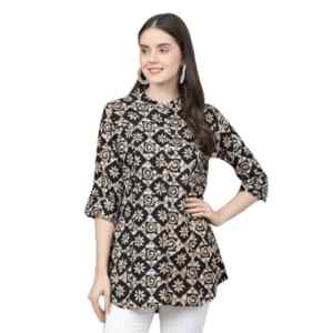 Divena Black Floral printed Rayon A-line Shirts Style Top
