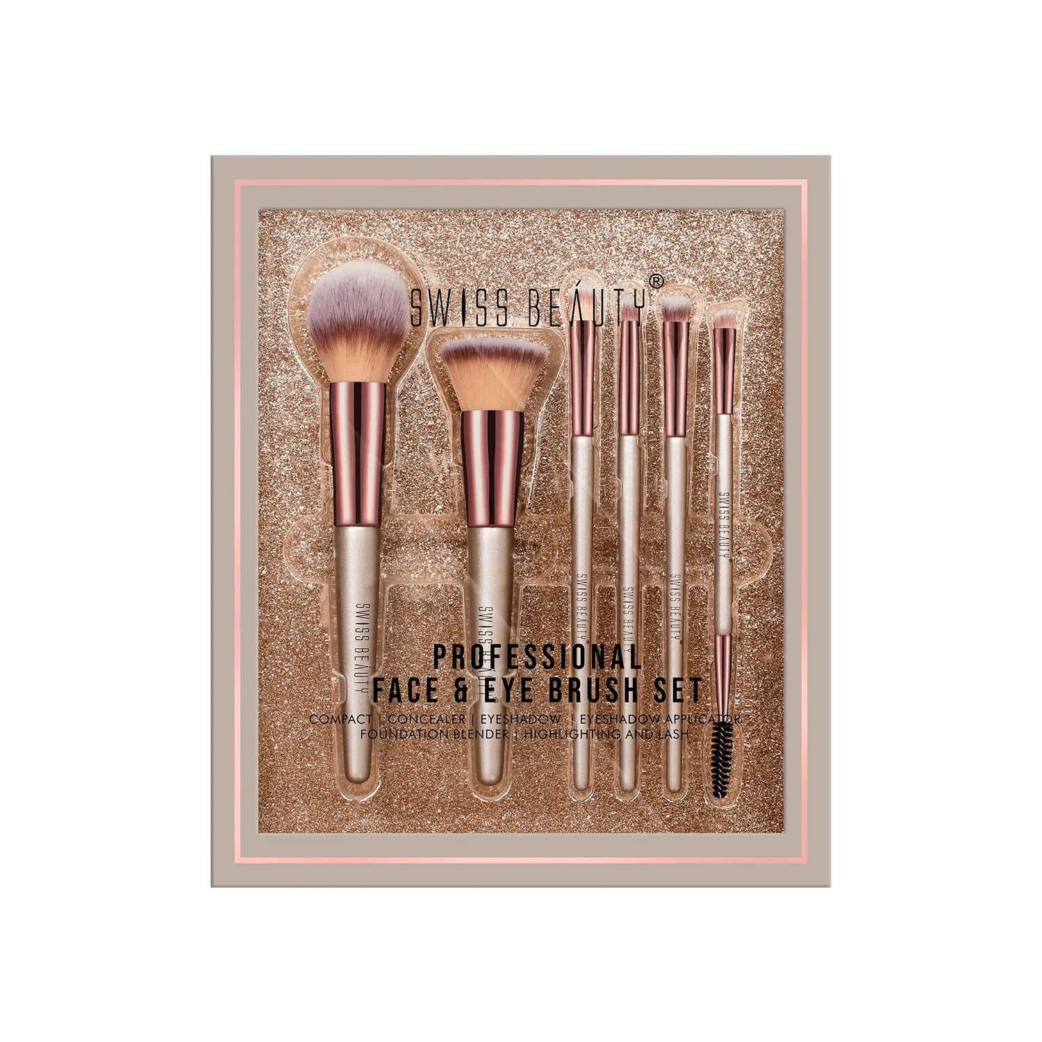 Swiss BeautyPROFESSIONAL FACE & EYE BRUSH SET MAKEUP KIT Set of 6 densely packed, hair like soft synthetic bristle,professional face and eye makeup brushes for impeccable results.