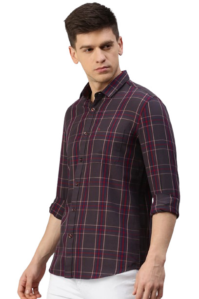 Classic Polo Men's Cotton Full Sleeve Checked Slim Fit Polo Neck Maroon Color Woven Shirt | So1-02 B
