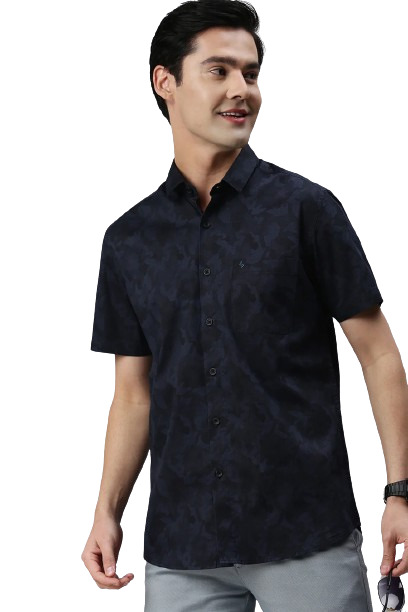 Classic Polo Men's Cotton Half Sleeve Printed Slim Fit Polo Neck Navy Color Woven Shirt | So1-11 C
