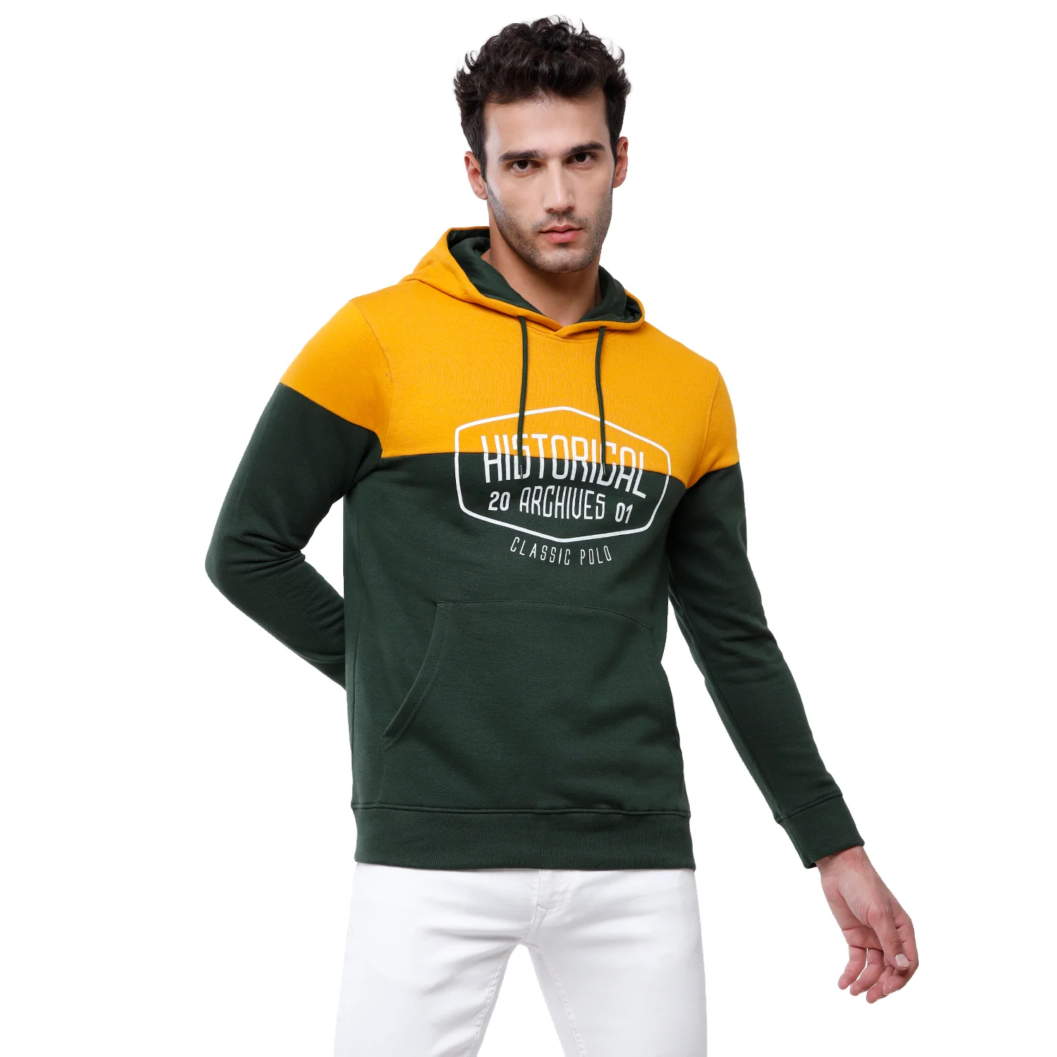 Classic Polo Men's Color Block Full Sleeve Yellow & Green Hooded Sweat Shirt - CPSS-335 A