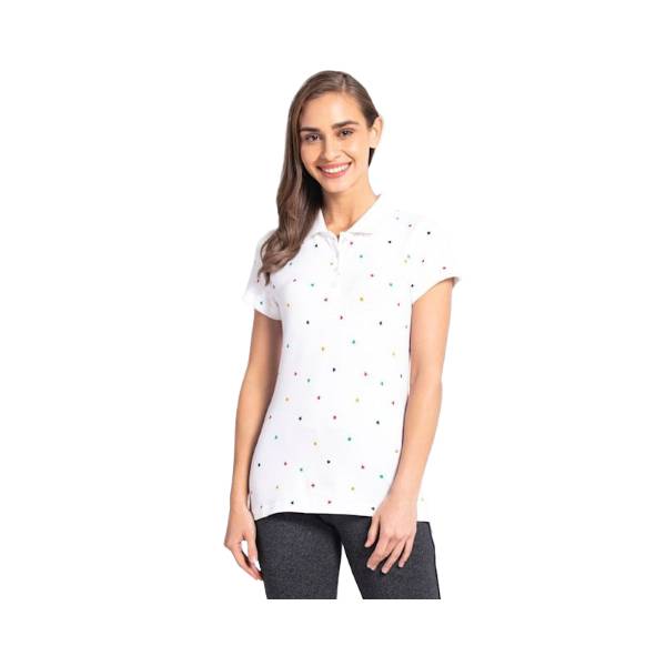 Women's Super Combed Cotton Elastane Stretch Pique Fabric Regular Fit Printed Half Sleeve Polo T-Shirt - White Assorted Prints